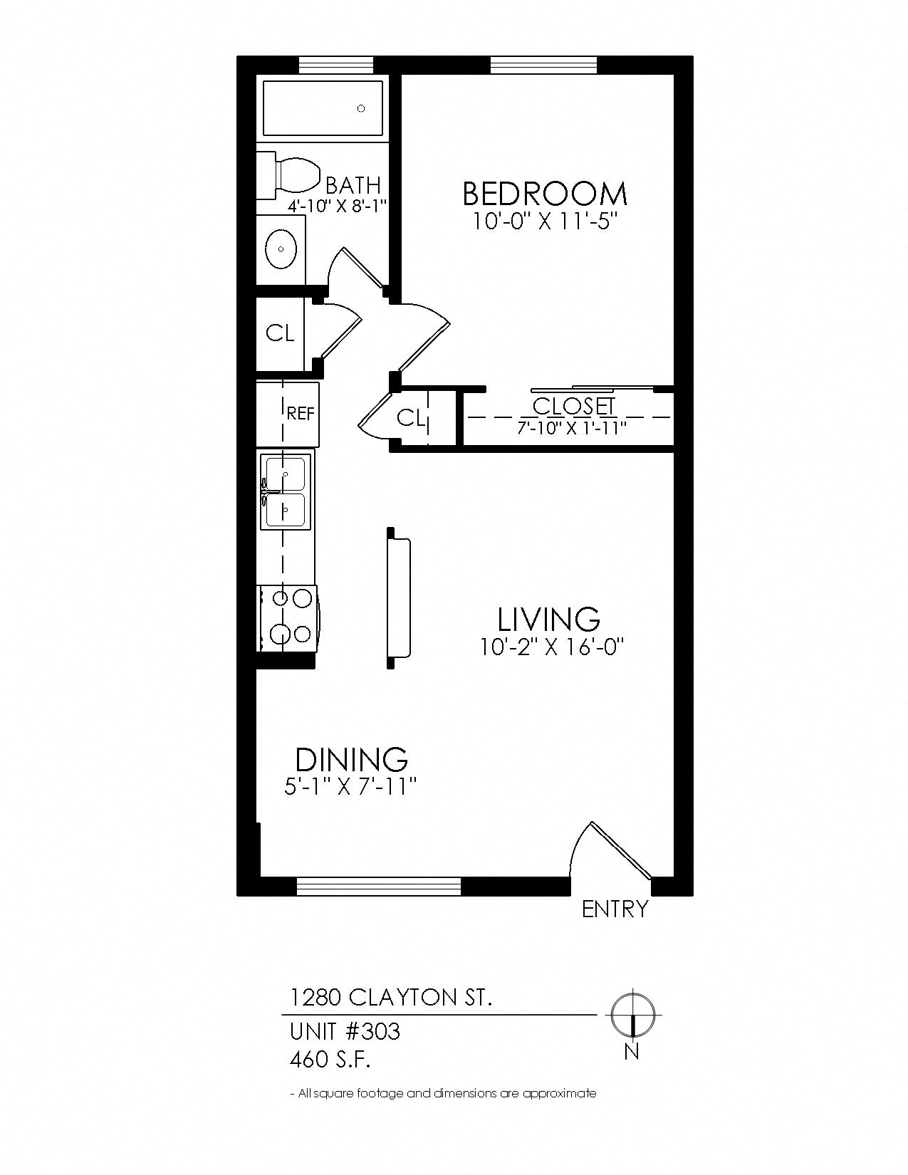 Floor plan for 1 bed, 1 bath, 480 sqft